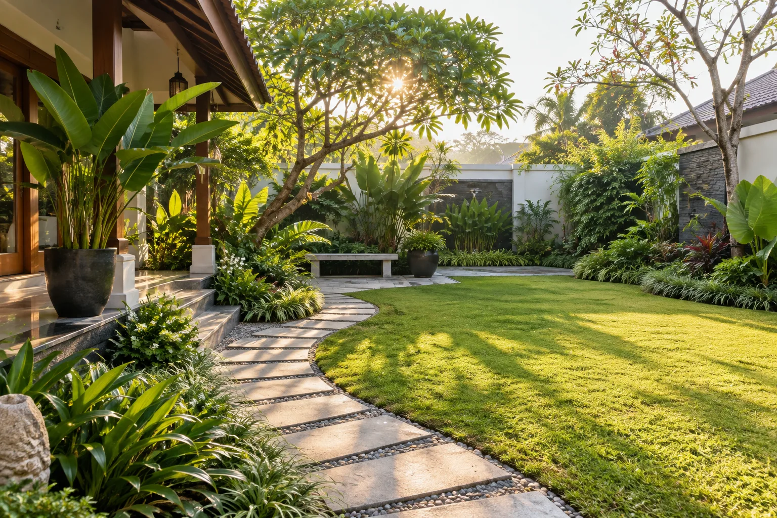 Illustrative courtyard garden with lush planting and a stone pathway