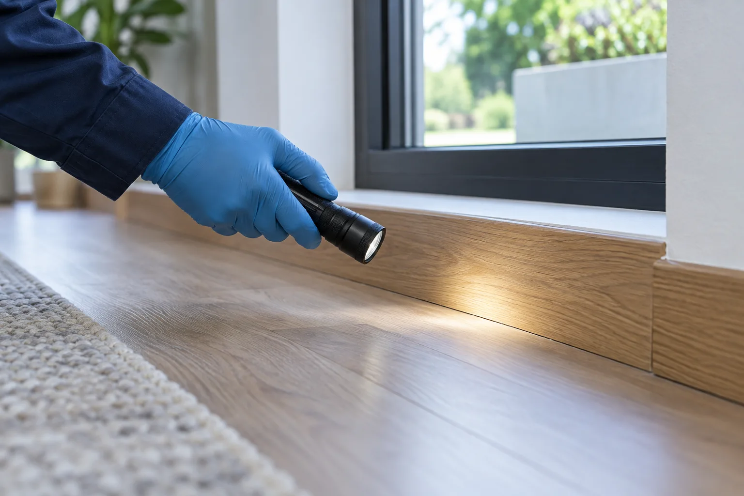 Illustrative close-up of a gloved hand inspecting an interior skirting board